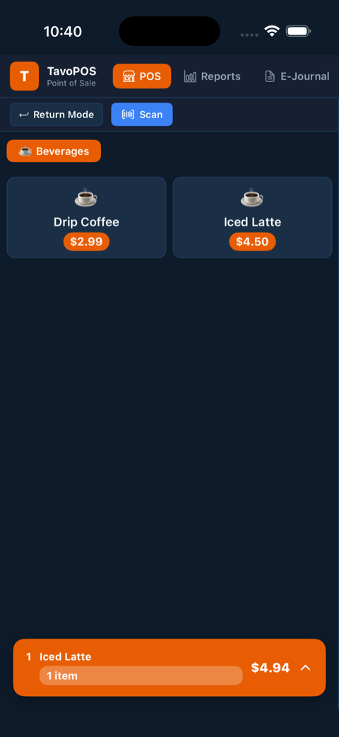 TavoPOS point of sale on iPhone