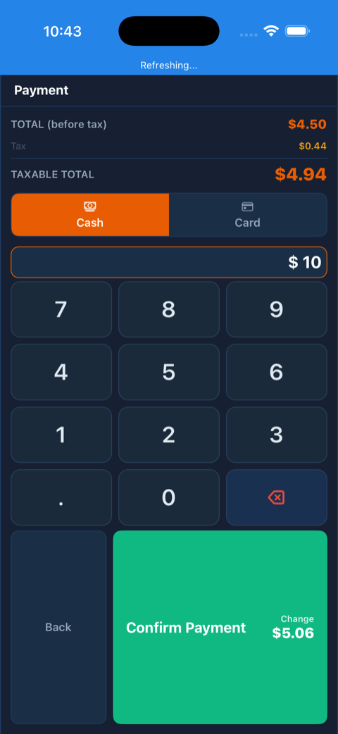 TavoPOS payment screen on iPhone