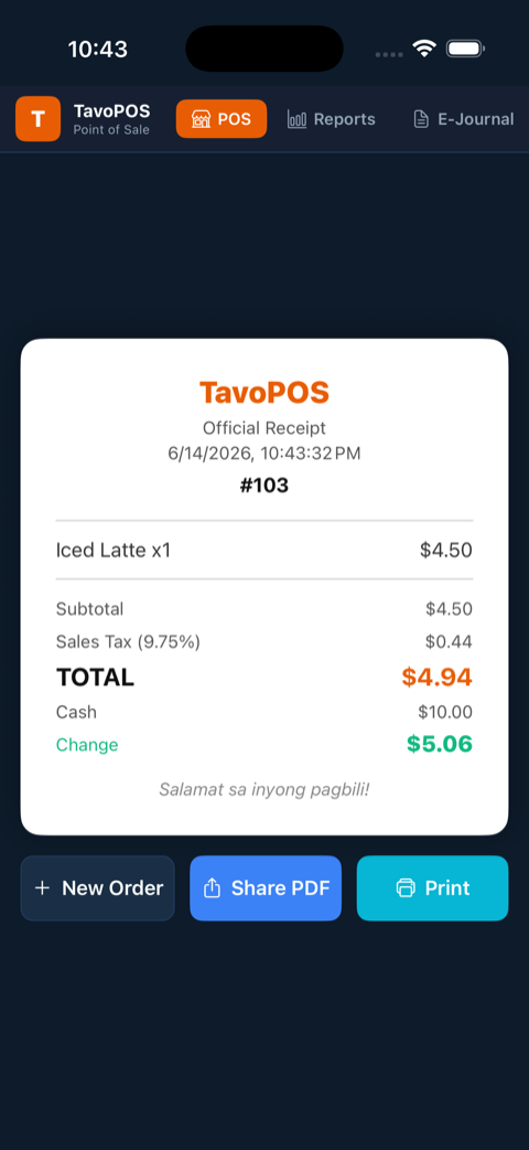 TavoPOS receipt on iPhone