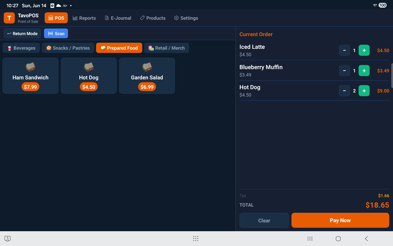 TavoPOS point-of-sale screen with product grid and order cart