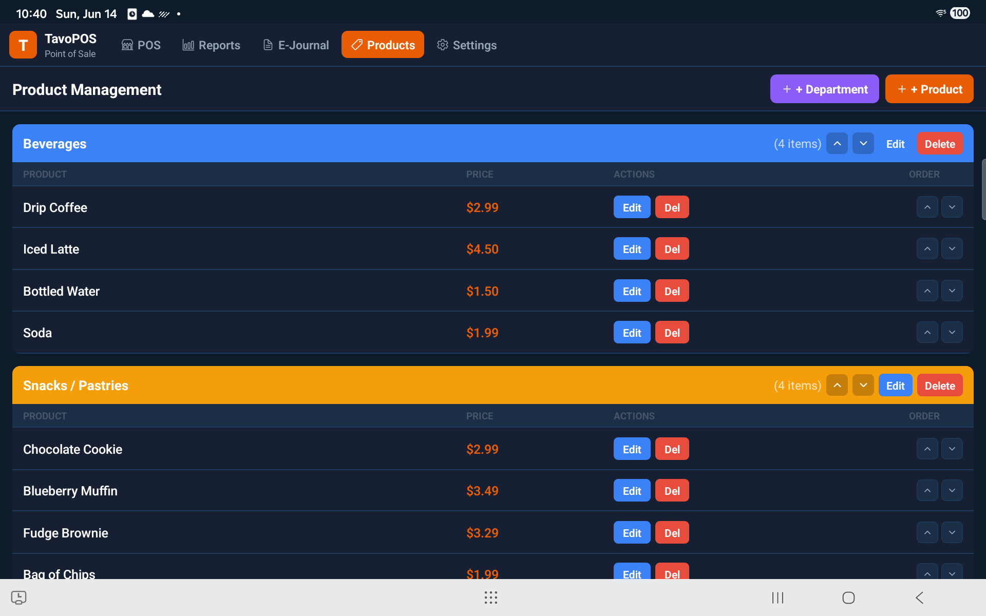 TavoPOS product and department management
