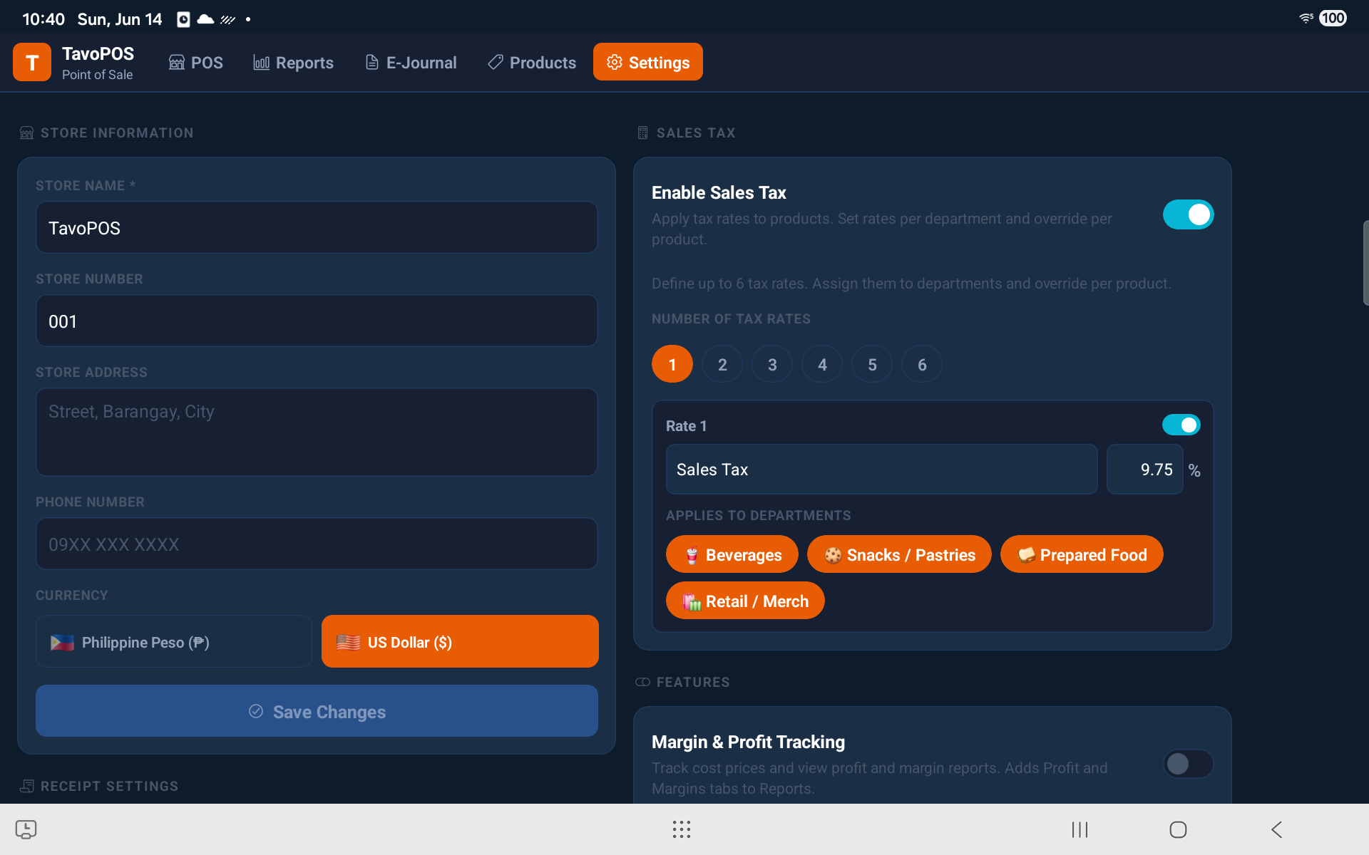 TavoPOS settings with sales-tax setup